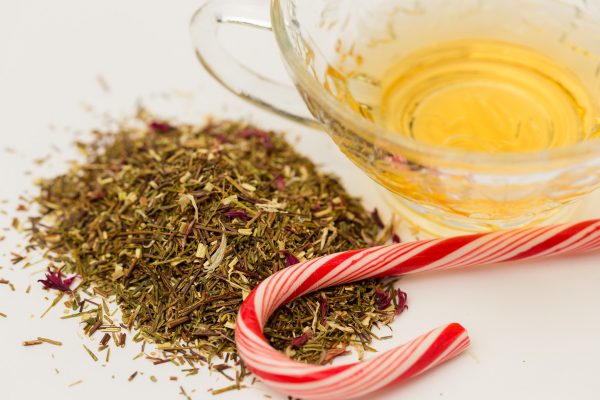 closeup of candy cane rooibos tea leaves