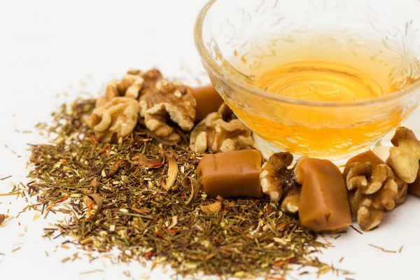 closeup of caramel walnut rooibos tea leaves