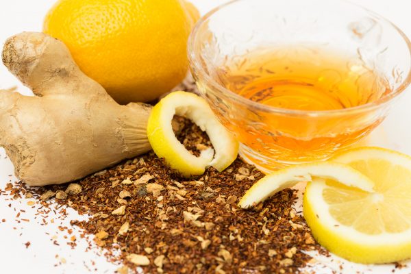 closeup of lemon ginger rooibos tea leaves